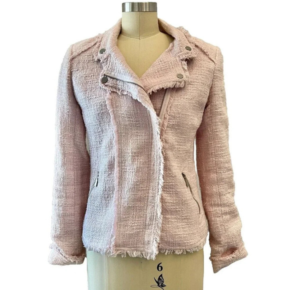 Belle Vere Women’s Tweed Blazer Size Small Pink Fringe Zip Moto Anthropologie - Picture 1 of 10
